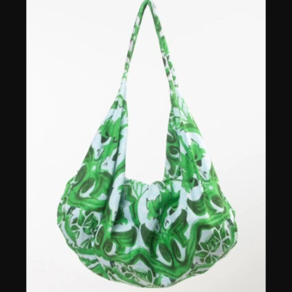 Antica Sartoria Large Cotton Shoulder Hobo Bag Green Print Positano, Italy NWT